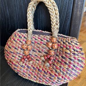 Boho Woven Straw Handbag with Beaded Handles Multicolor Summer Beach Bag